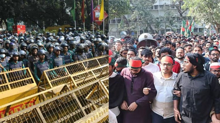 পুলিশের ব্যারিকেড ভেঙে স্বরাষ্ট্র উপদেষ্টার কার্যালয়ের দিকে ডাকসুর নেতারা
